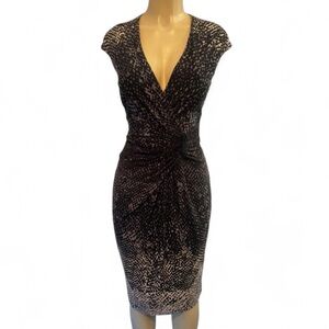 Anne Klein Faux-Wrap Midi Dress Black Gray Ivory Animal Geometric Print 8 NWOT
